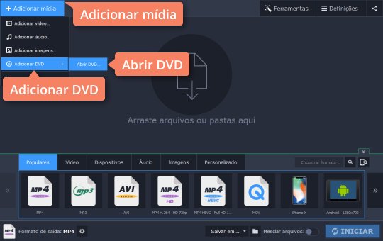 Abrir o programa e adicionar um DVD para copiar Use o ripper DVD com o Movavi