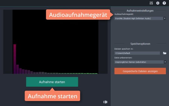 Audioaufnahmegerät wählen und Aufnahme starten Klicken Sie auf Aufnahme starten, wenn Sie einen Podcast aufnehmen wollen