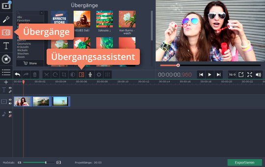 Übergänge zum Video hinzufügen Fügen Sie Video-Übergänge im Movavi-Programm hinzu