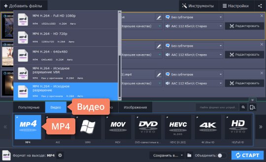 Выбрать формат MP4 из списка Выберите подходящий формат, чтобы конвертировать AVCHD в MP4