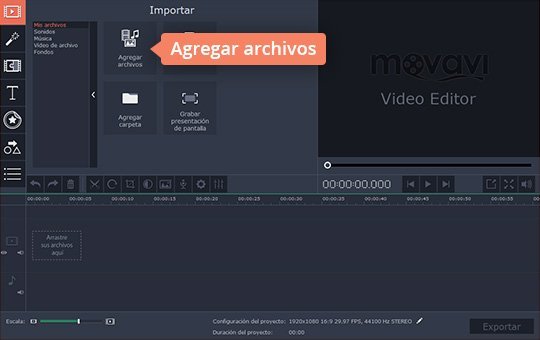 Agregar archivos multimedia a Movavi Video Editor Agregue archivos al programa para hacer vídeos de Movavi