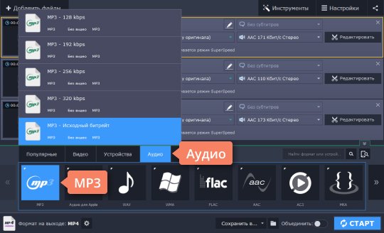 Выбрать формат MP3 из списка Выберите подходящий формат, чтобы конвертировать AAC в MP3