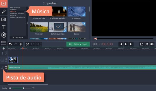 Seleccionar la música en la pista de audio Cree una intro para YouTube con Movavi