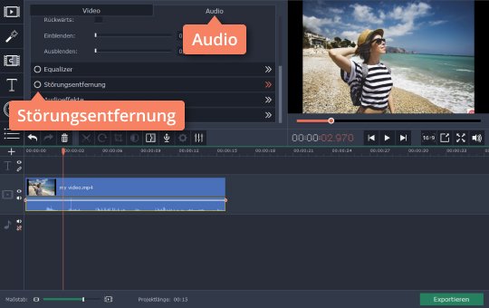 Im Audiobereich auf Störungsentfernung klicken Klicken Sie auf Störungsentfernung, um das Video zu entrauschen