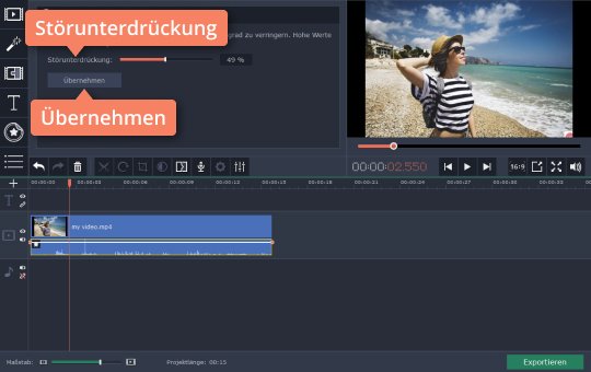 Den Schieberegler passen Versuchen Sie, mit Movavi aus Video Hintergrundgeräusche zu entfernen