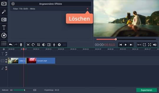 Löschfunktion für Videofilter verwenden Benützen Sie in der Videobearbeitung Effekte für Video