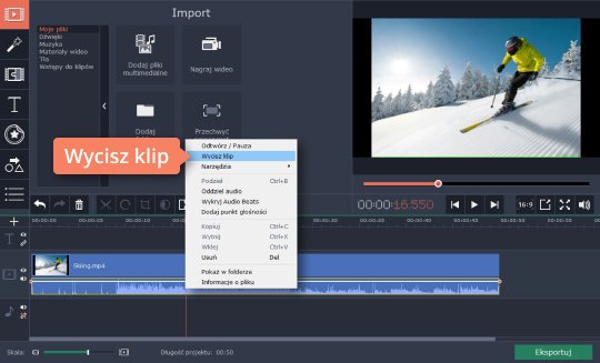 Wyciszyć jeden z klipów na ścieżce Wycisz klip w programie Movavi przed przystąpieniem do usuwania dźwięku z filmu
