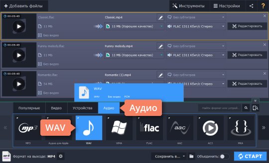 Выбрать формат WAV из списка Выберите подходящий формат, чтобы конвертировать FLAC в WAV