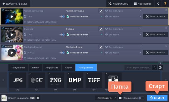 Выбрать папку сохранения и перевести WebP в PNG Выберите папку сохранения и переведите WebP в PNG