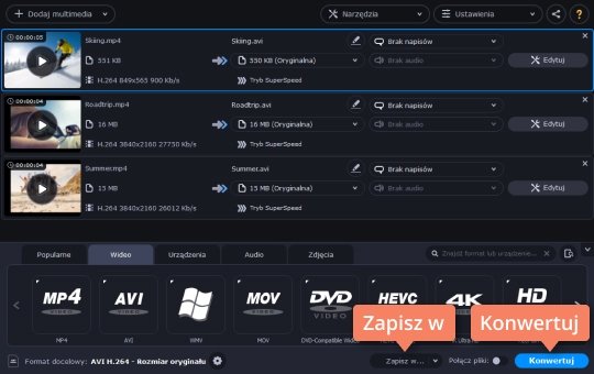Konwertować wideo z MP4 do AVI i zapisać Konwertuj wideo z mp4 na avi i wybierz folder zapisu w programie Movavi