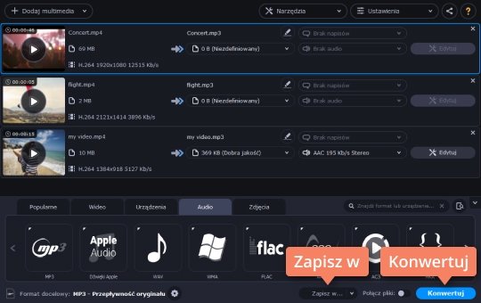 Konwertować wideo z MP4 do MP3 i zapisać Konwertuj wideo z mp4 na mp3 i wybierz folder zapisu w programie Movavi