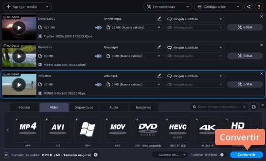 Convertir el vídeo elegido Pase de MOV a MP4 con el convertidor sencillo de Movavi