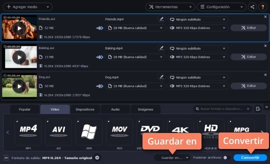 Convertir el archivo de vídeo Use el sencillo convertidor de vídeos a MP4 de Movavi