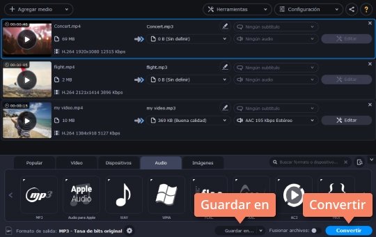 Convertir y guardar el archivo Pase de MP4 a MP3 con el software fácil de Movavi