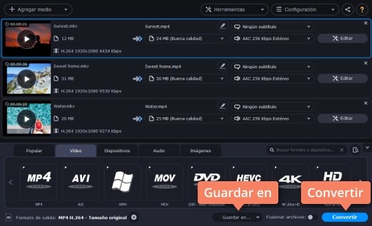 Iniciar la conversión del vídeo Use el conversor de MKV a MP4 Movavi Video Converter