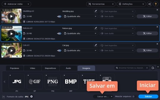 Iniciar a conversão Use o conversor de RAW, CR2, NEF para JPG com o Movavi