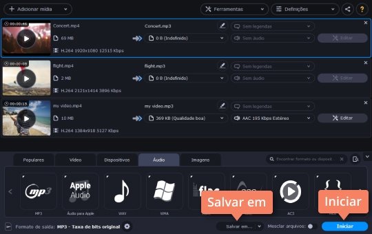 Escolher a pasta de saída e iniciar a conversão Use o conversor de MP4 para MP3 com o Movavi
