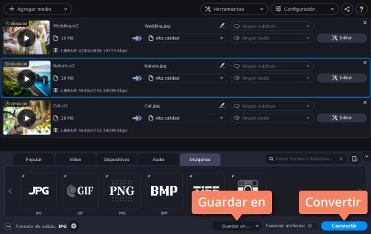 Convertir al formato necesario Use el programa de Movavi para convertir imágenes RAW