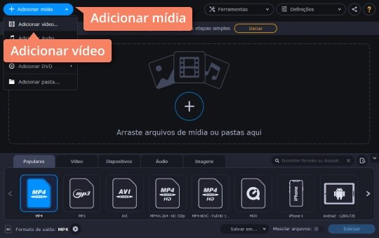 Adicionar os arquivos ao compressor Diminua o tamanho de um vídeo MP4 com o Movavi