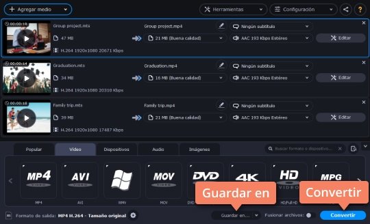 Convertir un vídeo de MTS a otros archivos Convierta MTS a otros formatos sin perder calidad con Movavi Video Converter