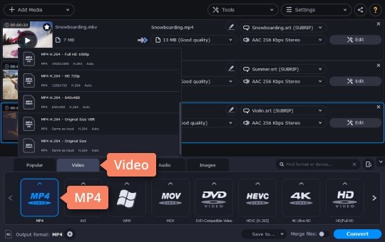 How to choose the preset to add SRT to MP4 video files