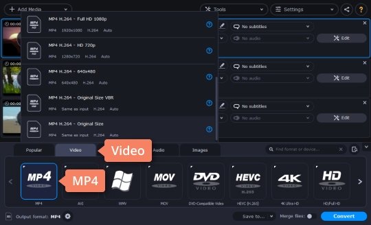 How to specify the output format to convert MOV to MP4