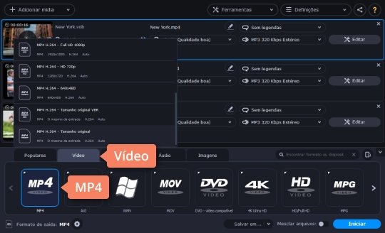Escolher o formato de destino Converta a extensão VOB para MP4, AVI, MPEG com o Movavi