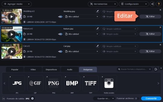 Ajustar las imágenes Pase de NEF o CR2 a JPG en Movavi Video Converter
