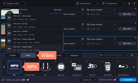 Elegir el formato para el archivo agregado Use el sencillo convertidor de WMV a MP4 de Movavi