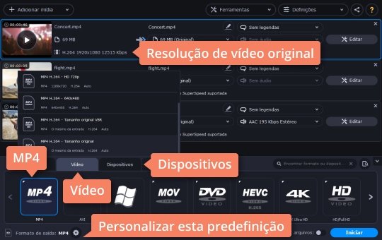 Selecionar a predefinição de destino Comprima um vídeo MP4 com o Movavi