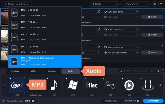 Choisir le format MP3 Convertissez MP4 en MP3 en un clic avec Movavi