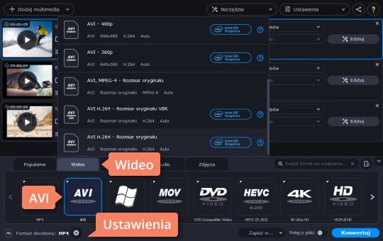 Wybrać format avi Wybierz format, aby zmienić mp4 na avi w programie Movavi