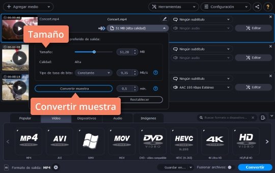 Seleccionar el tamaño para comprimir Convierta los archivos MP4 fácilmente en Movavi Video Converter