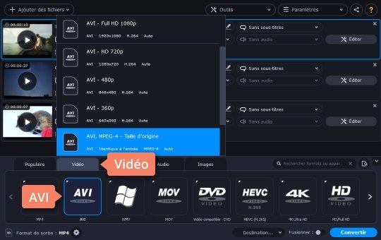 Choisir AVI comme le format de sortie Utilisez le convertisseur MOV - MP4 polyvolent