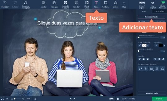 Inserir o texto Para começar a inserir texto em fotos, abra o painel Texto e clique no botão Adicionar texto Escreva em fotos com o Movavi
