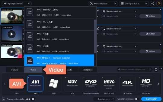 Seleccionar el formato del vídeo final Use el sencillo convertidor de MOV a AVI de Movavi