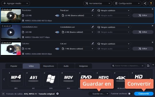Guardar el vídeo convertido Pase de MOV a AVI rápidamente con Movavi Video Converter