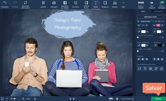 Para salvar a foto final, clique no botão Salvar no canto inferior direito e escolha a pasta de destino, nome do arquivo e formato Crie imagens com texto com o Movavi
