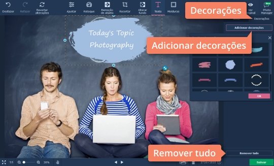 Clique no botão Adicionar decorações para adicionar diferentes adesivos ao texto Use o software de gráficos embutido com o Movavi Photo Editor