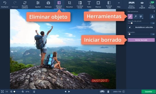 Eliminar la fecha o alguna palabra Quite letras de su foto en el programa de Movavi fácil de usar